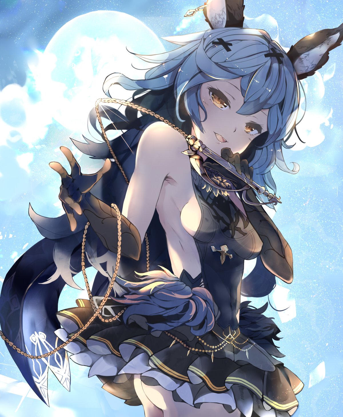 1girl animal_ears armpits backless_outfit bare_back belt black_gloves blue_hair blue_skirt breasts brown_eyes brown_gloves cape earrings erune ferry_(granblue_fantasy) gloves granblue_fantasy highres hoop_earrings jewelry long_hair loose_belt rabbit_ears sideboob single_earring skirt small_breasts solo venomrobo wavy_hair whip yellow_eyes