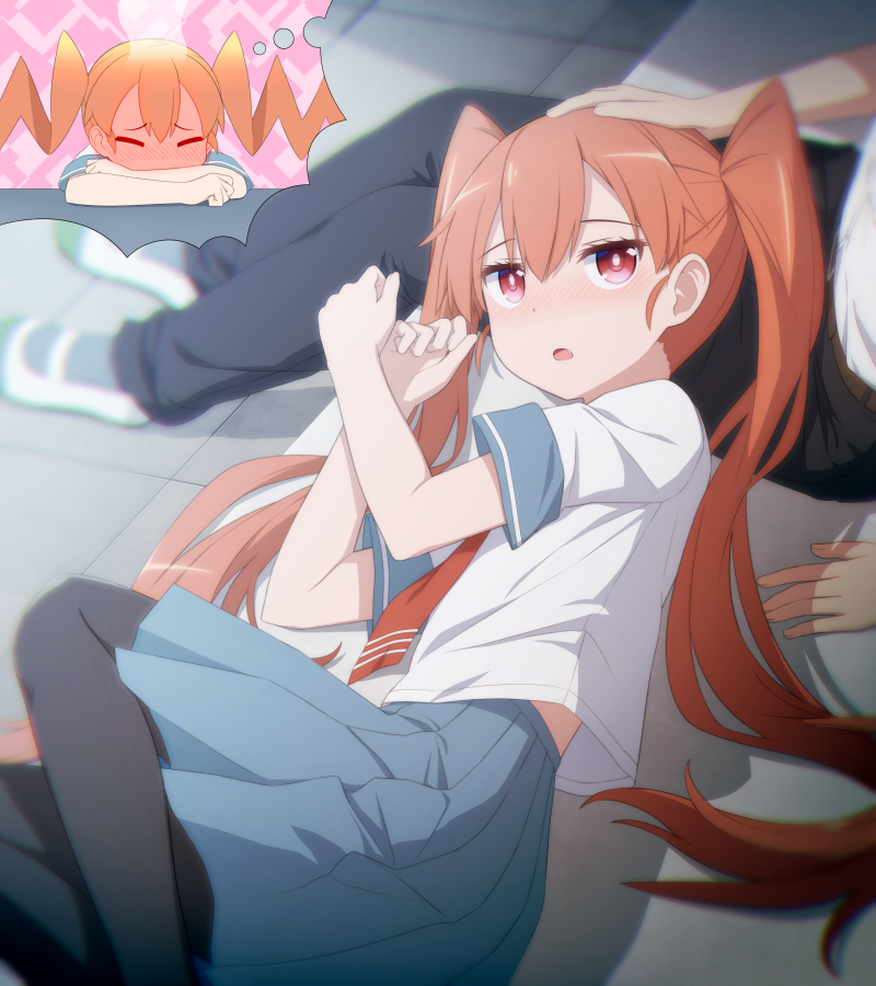 1boy 1girl bangs black_legwear black_pants blue_skirt blurry blurry_background blush brown_hair commentary_request depth_of_field eyebrows_visible_through_hair fang fingernails full-face_blush hair_between_eyes hands_up haribote_(tarao) imagining lap_pillow long_hair lying on_side open_mouth out_of_frame pants pantyhose petting pleated_skirt red_eyes red_neckwear shirt shoes short_sleeves sitting skirt solo_focus steam tanaka_(ueno-san_wa_bukiyou) twintails ueno-san_wa_bukiyou ueno_(ueno-san_wa_bukiyou) uwabaki very_long_hair white_footwear white_shirt