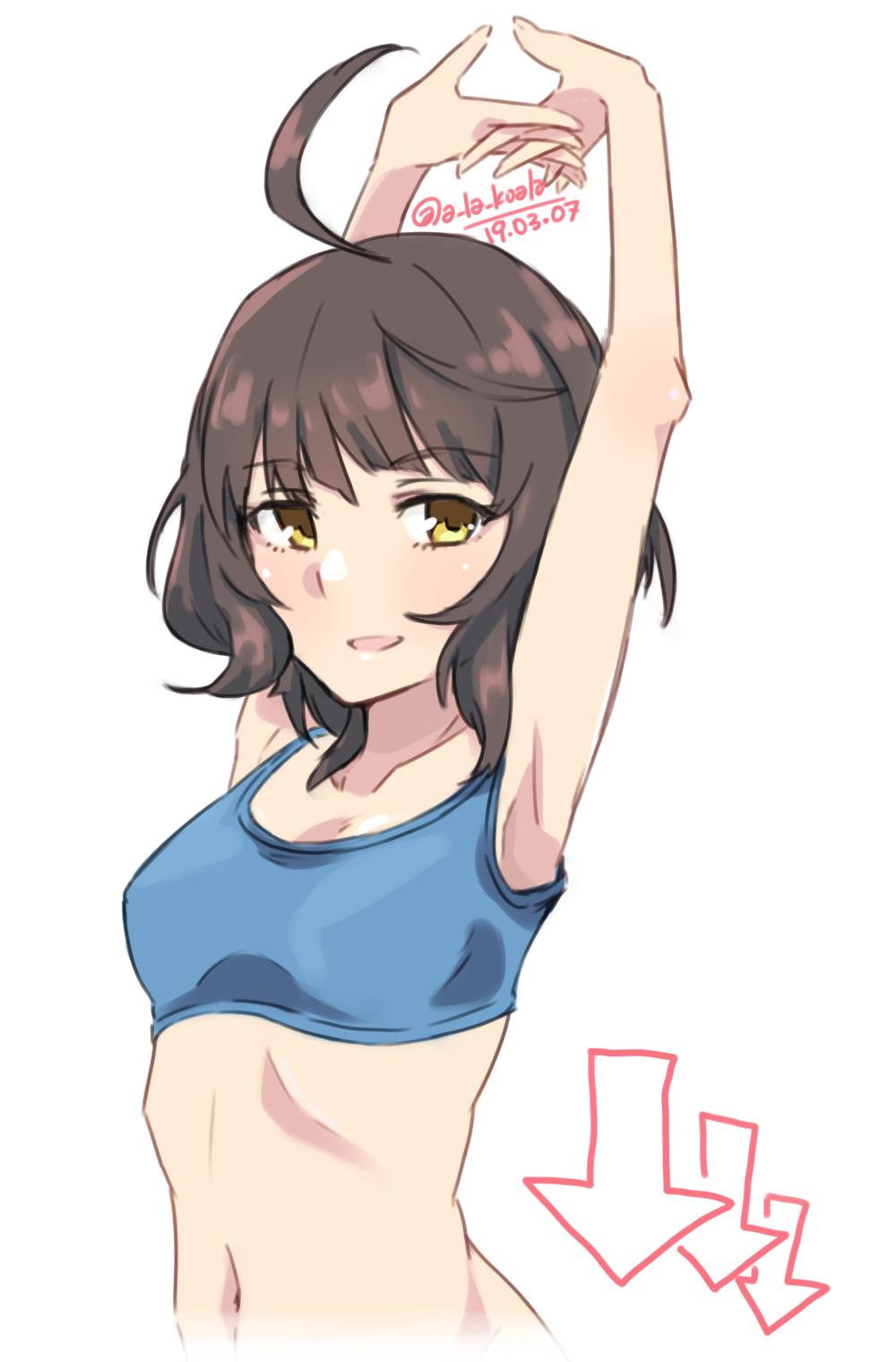 1girl ahoge alakoala_shoushou arms_up bangs blue_bra blunt_bangs bra breasts brown_eyes brown_hair collarbone commentary_request directional_arrow highres kantai_collection kishinami_(kantai_collection) looking_at_viewer medium_breasts navel short_hair simple_background solo sports_bra stretch underwear upper_body wavy_hair white_background