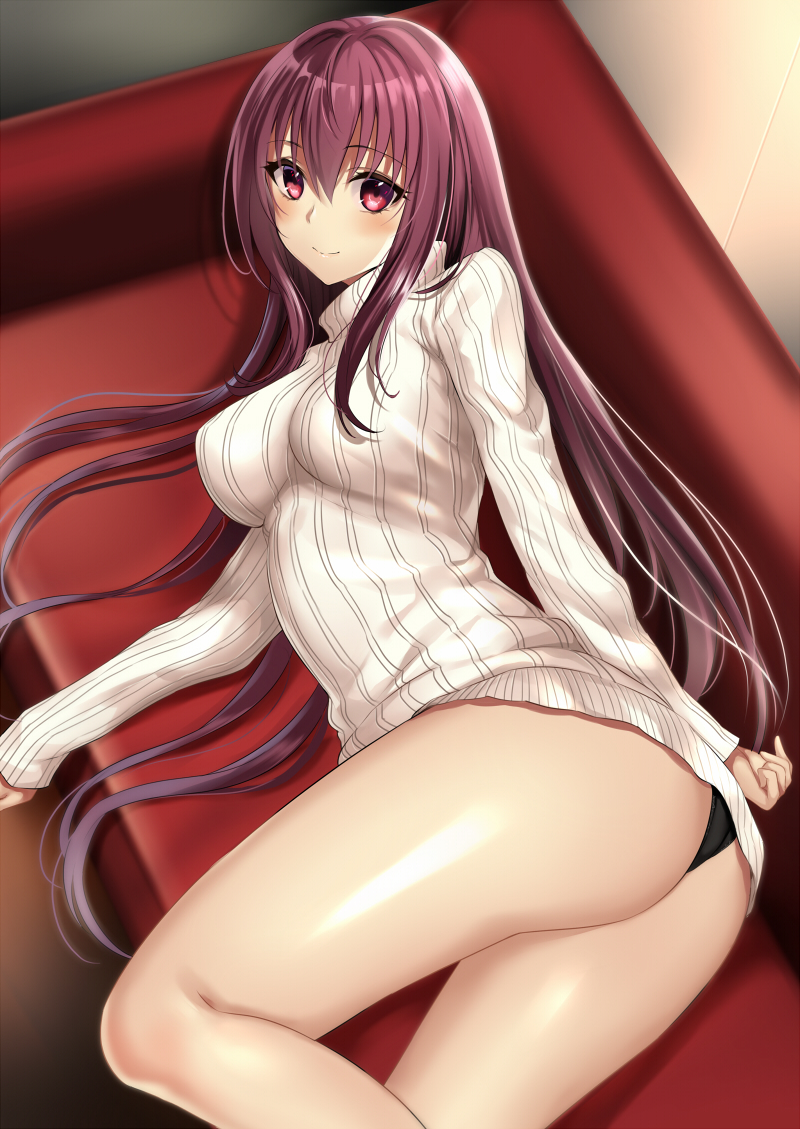 1girl ass bangs black_panties breasts closed_mouth couch fate/grand_order fate_(series) hair_between_eyes harimoji large_breasts long_hair looking_at_viewer lying on_side panties purple_hair red_eyes ribbed_sweater scathach_(fate)_(all) scathach_(fate/grand_order) solo sweater thighs turtleneck turtleneck_sweater underwear white_sweater