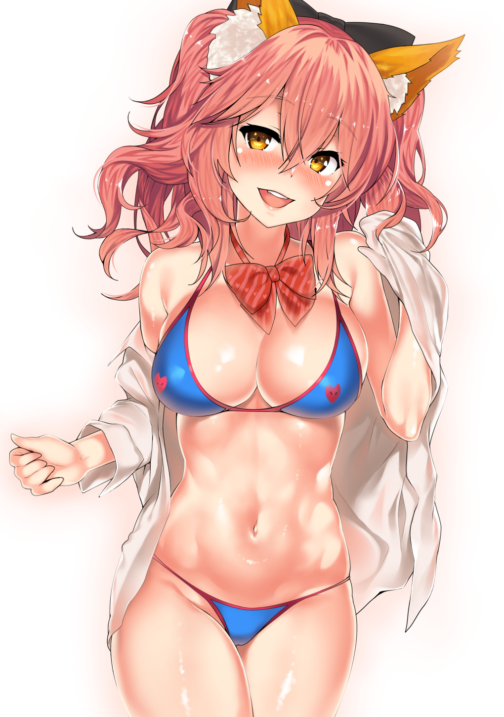 1girl animal_ear_fluff animal_ears bangs bare_shoulders bikini black_bow blue_bikini blush bow breasts cowboy_shot fate/extra fate/grand_order fate_(series) fox_ears fox_girl hair_between_eyes hair_bow highres kawai large_breasts long_hair looking_at_viewer navel open_clothes open_mouth open_shirt pink_hair shirt sidelocks smile solo standing swimsuit symbol tail tamamo_(fate)_(all) tamamo_no_mae_(fate) thighs twintails white_shirt yellow_eyes