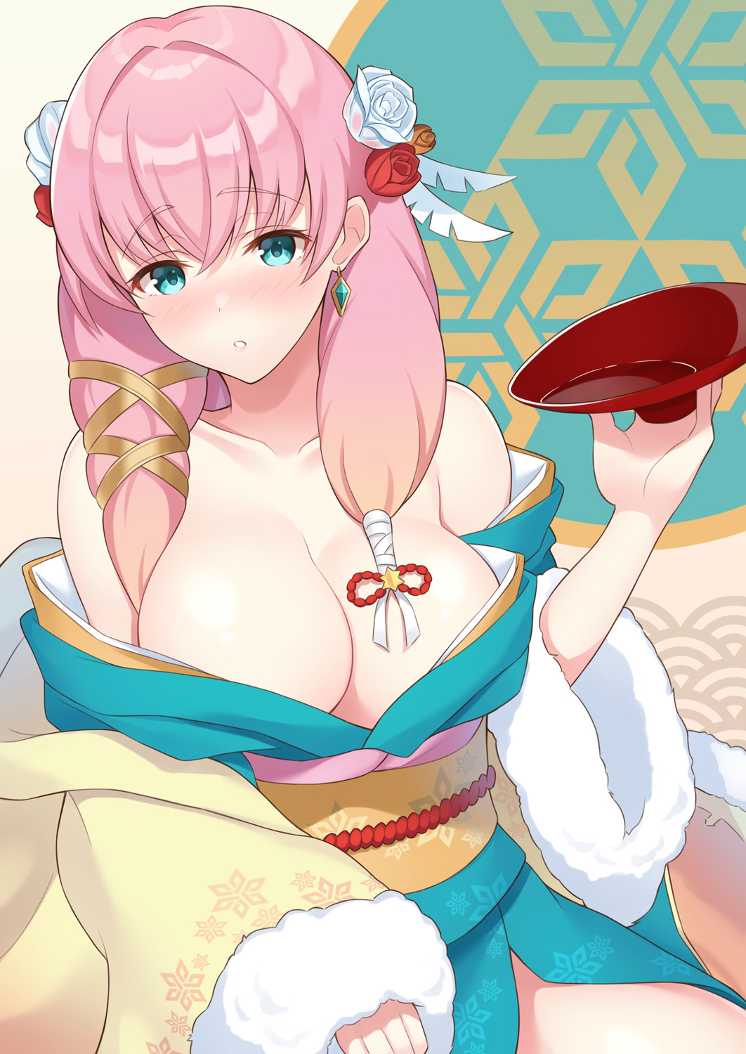 1girl bangs bare_shoulders blue_eyes blush breasts cleavage collarbone commentary_request cup earrings eyebrows_visible_through_hair fire_emblem fire_emblem_heroes flower fur_trim gunnthra_(fire_emblem) hair_flower hair_ornament highres japanese_clothes jewelry kimono large_breasts long_hair looking_at_viewer nintendo nose_blush obi off_shoulder parted_lips pink_hair sakazuki sash shiyo_yoyoyo solo wide_sleeves