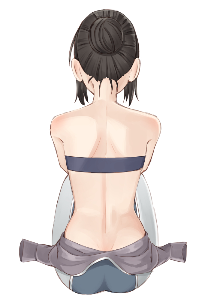 amanchu! bare_shoulders bikini brown_hair easy_(aqk7bdqt) facing_away hair_bun katori_mato sidelocks simple_background sitting swimsuit undressing wetsuit white_background