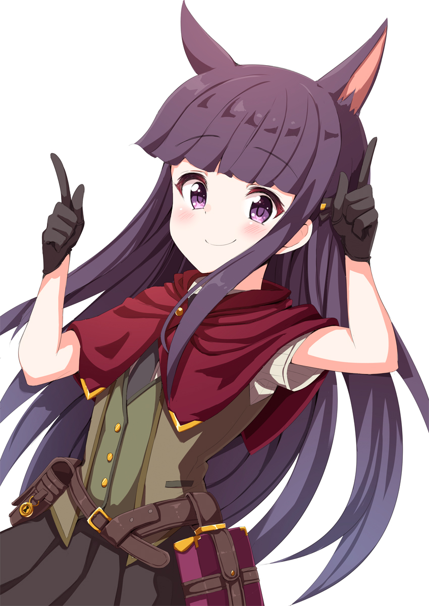 ame. animal_ear_fluff animal_ears bag bangs belt belt_buckle black_gloves black_skirt blush brown_belt buckle capelet closed_mouth commentary_request dutch_angle eyebrows_visible_through_hair gloves green_vest hands_up highres kirihara_kasumi long_hair looking_at_viewer pleated_skirt princess_connect! princess_connect!_re:dive purple_hair red_capelet satchel shirt short_sleeves simple_background skirt smile very_long_hair vest violet_eyes white_background white_shirt
