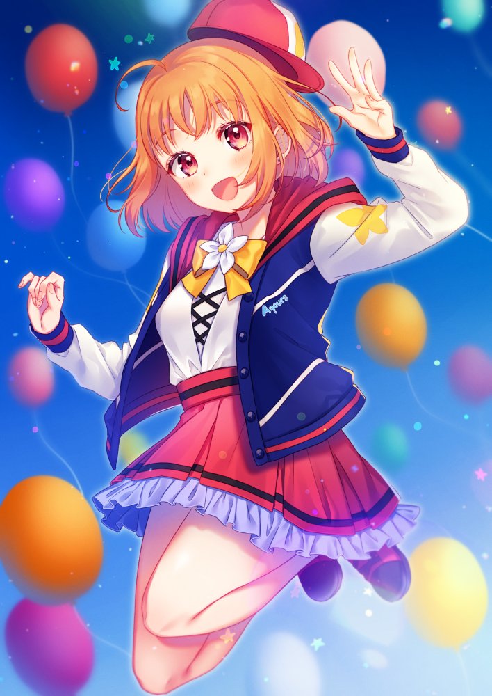 1girl :d ahoge balloon baseball_cap blue_jacket blue_sky blurry blush bow bowtie buttons clothes_writing day depth_of_field flower frilled_skirt frills hands_up hat high-waist_skirt hood hood_down hooded_jacket jacket legs_up light_particles long_sleeves looking_at_viewer love_live! love_live!_sunshine!! midair moyui_(myi_005) open_clothes open_jacket open_mouth orange_hair orange_neckwear red_eyes red_hat red_skirt shirt shoes short_hair sidelocks skirt sky smile sneakers solo star takami_chika thighs white_flower white_shirt