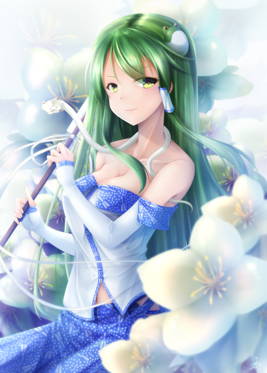 1girl adapted_costume animal bear_shoulders belly_button blue_skirt breasts cleavage detached_sleeves flower frog_hair_ornament gohei green_eyes green_hair hair_tube kochiya_sanae long_hair looking_at_viewer navel nose petals red_eyes seiya skirt smile snake