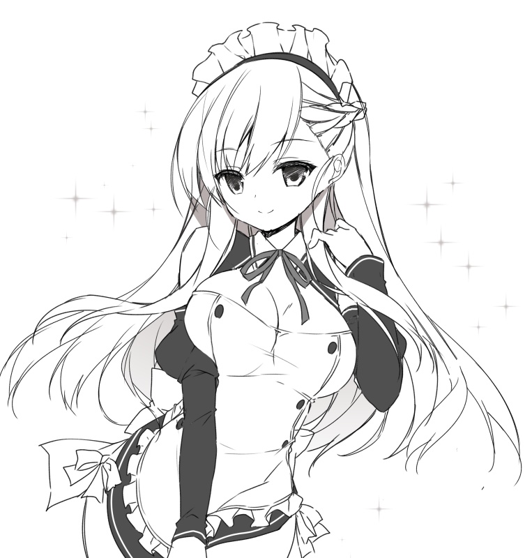 1girl apron azur_lane bangs belfast_(azur_lane) bow braid breasts cleavage closed_mouth detached_sleeves dress eyebrows_visible_through_hair frilled_apron frills greyscale hair_between_eyes hand_up juliet_sleeves large_breasts long_hair long_sleeves maid maid_headdress monochrome neck_ribbon puffy_sleeves purinko ribbon simple_background sleeveless sleeveless_dress sleeves_past_wrists smile solo sparkle very_long_hair white_background