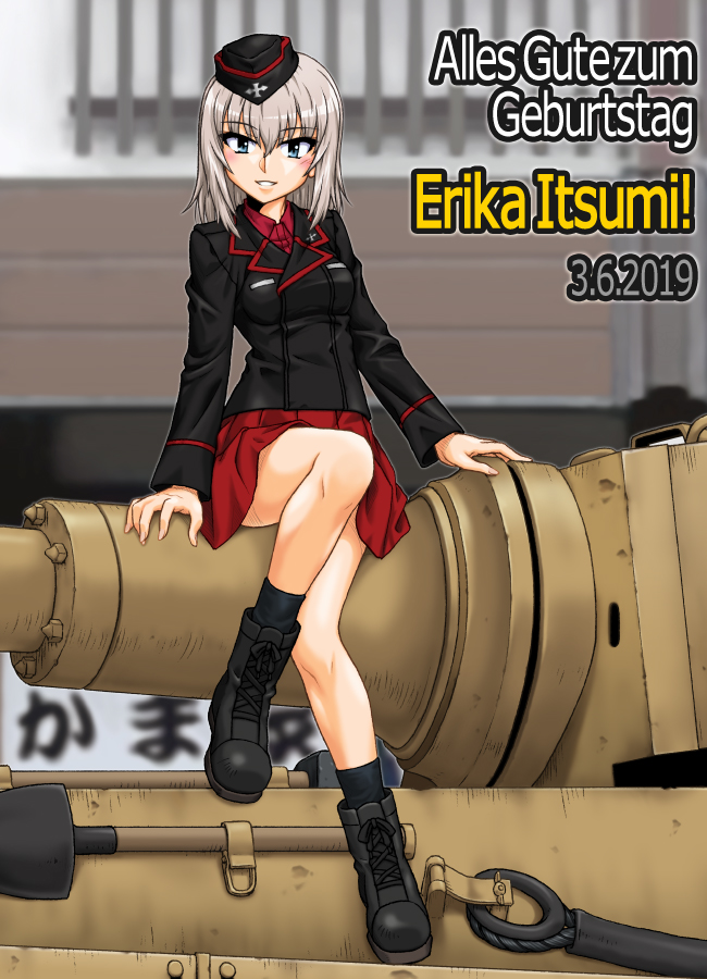 1girl ankle_boots arm_support bangs black_footwear black_hat black_jacket black_legwear blue_eyes blurry blurry_background boots character_name commentary_request cross-laced_footwear dated day denim denim_shorts dress_shirt eyebrows_visible_through_hair garrison_cap german_text girls_und_panzer ground_vehicle happy_birthday hat itsumi_erika jacket kuromorimine_military_uniform lace-up_boots legs light_blush long_hair long_sleeves looking_at_viewer military military_hat military_uniform military_vehicle miniskirt motor_vehicle oosaka_kanagawa outdoors parted_lips partial_commentary pleated_skirt red_shirt red_skirt shirt shorts shovel silver_hair sitting skirt smile socks solo tank tiger_ii translation_request uniform