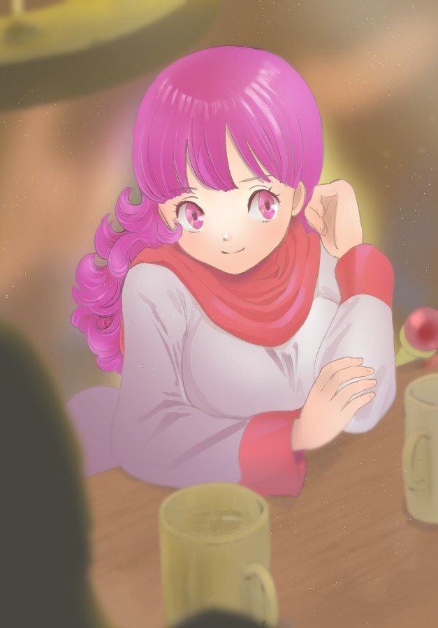 1girl breasts closed_mouth commentary_request cup curly_hair dragon_quest dragon_quest_ii dress large_breasts long_hair long_sleeves looking_at_viewer princess princess_of_moonbrook purple_hair smile solo table violet_eyes white_robe