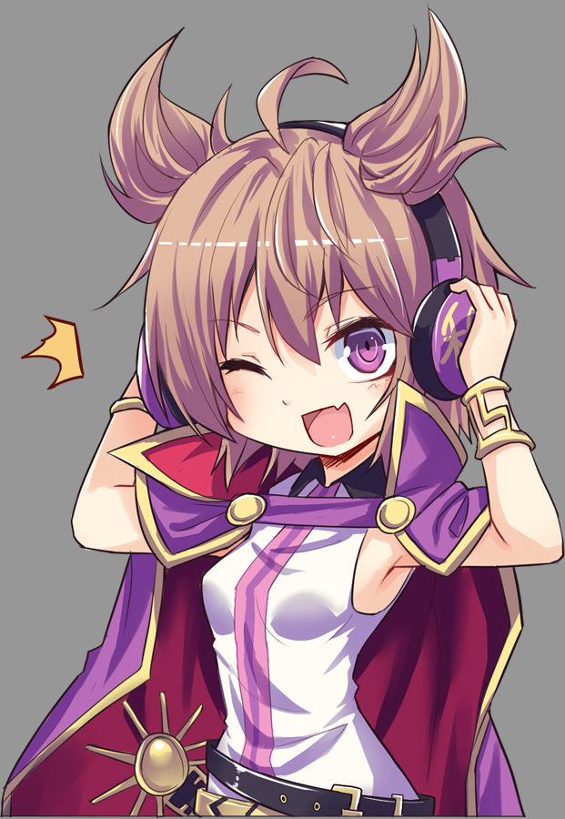 /\/\/\ 1girl ;d ahoge arms_up bangs belt black_belt blouse blush bracelet breasts brown_hair cape commentary_request earmuffs eyebrows_visible_through_hair fang grey_background hair_between_eyes high_collar jewelry koissa looking_at_viewer one_eye_closed open_mouth pointy_ears purple_cape simple_background sleeveless_blouse small_breasts smile solo touhou toyosatomimi_no_miko upper_body violet_eyes white_blouse