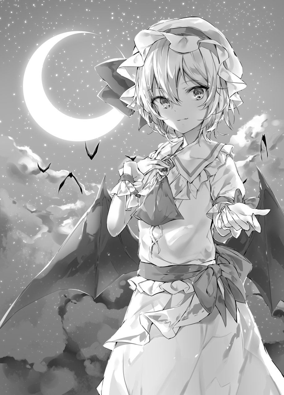 1girl ascot bangs bat brooch clouds commentary_request cowboy_shot crescent_moon dress eyebrows_visible_through_hair frilled_shirt_collar frills greyscale hair_between_eyes hand_on_own_chest hat hat_ribbon highres jewelry looking_at_viewer mob_cap monochrome moon night night_sky outdoors puffy_short_sleeves puffy_sleeves remilia_scarlet ribbon sakusyo sash short_hair short_sleeves sky smile solo standing star_(sky) starry_sky touhou wrist_cuffs