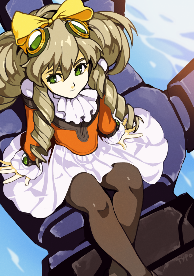 1girl big_hair black_legwear bow brown_hair cravat dress drill_hair flat_chest goggles goggles_on_head green_eyes hair_bow long_hair looking_to_the_side maria_balthasar mecha pantyhose sitting_on_hand size_difference solo solo_focus typo_(requiemdusk) water white_dress xenogears yellow_bow
