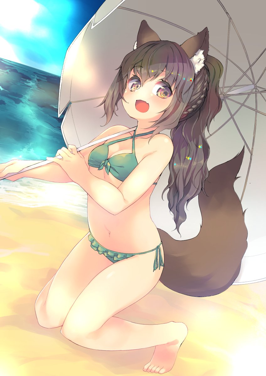 1girl :d animal_ear_fluff animal_ears azuki_akizuki bangs bare_shoulders barefoot beach beach_umbrella bikini blush braid breasts brown_eyes brown_hair cleavage clouds collarbone commentary_request day eyebrows_visible_through_hair fang fox_ears fox_tail frilled_bikini frills full_body green_bikini hair_between_eyes halter_top halterneck highres long_hair looking_at_viewer navel ocean open_mouth original outdoors ponytail side-tie_bikini sky small_breasts smile solo swimsuit tail umbrella water