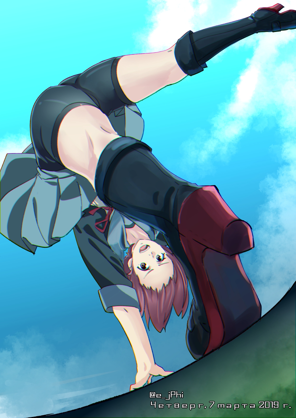 1girl bike_shorts black_footwear black_jacket boots foreshortening grey_skirt highres jacket kantai_collection kinu_(kantai_collection) knee_boots neck_ribbon orange_eyes pleated_skirt red_ribbon redhead remodel_(kantai_collection) ribbon short_hair shorts shorts_under_skirt skirt sky solo thighs upside-down vi3r6ein