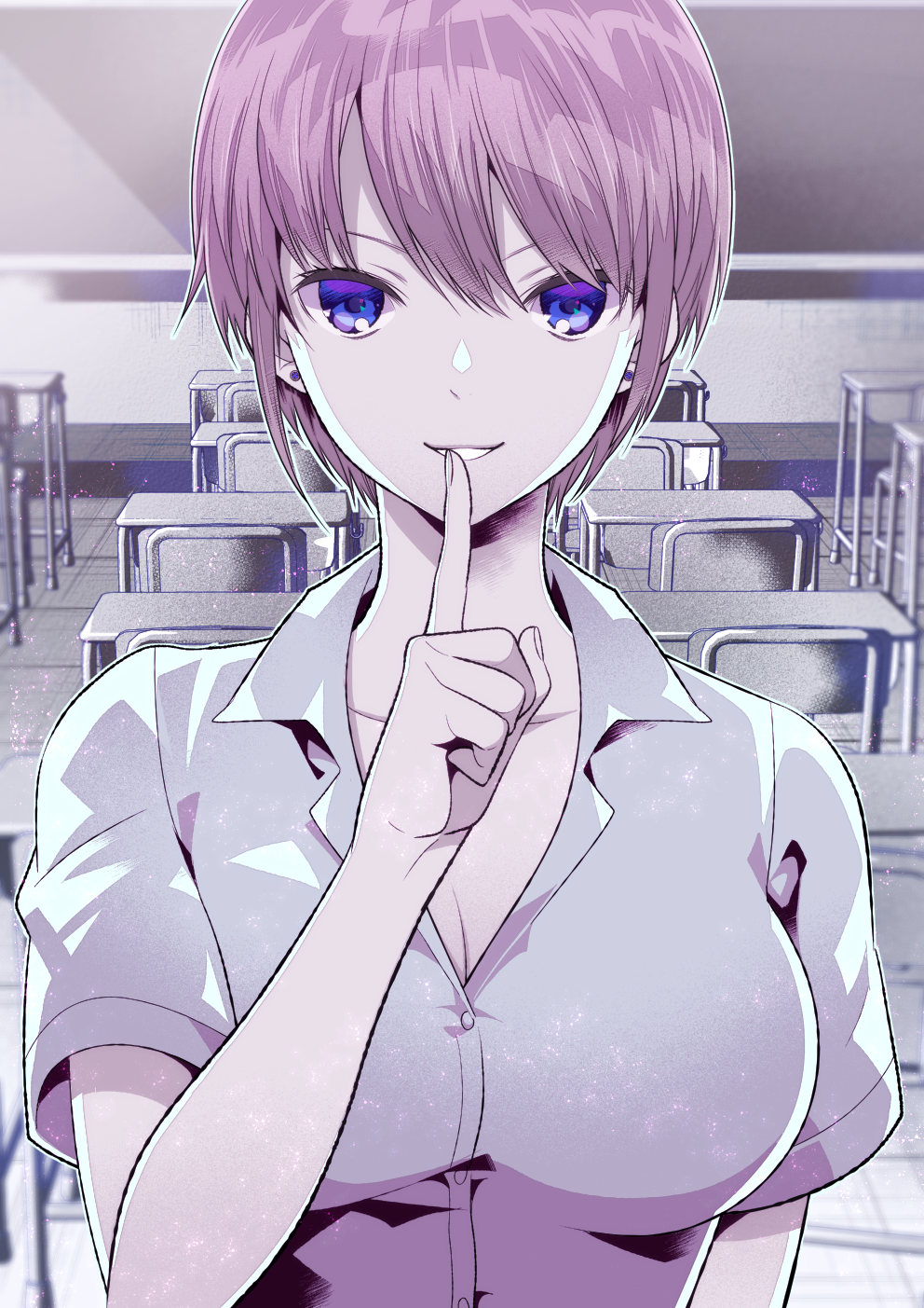 1girl bangs blue_eyes breasts chalkboard classroom cleavage collared_shirt desk dress_shirt finger_to_mouth go-toubun_no_hanayome grin hair_between_eyes highres index_finger_raised indoors kuso_bba large_breasts looking_at_viewer nakano_ichika pink_hair school school_desk shirt short_hair short_sleeves smile solo white_shirt