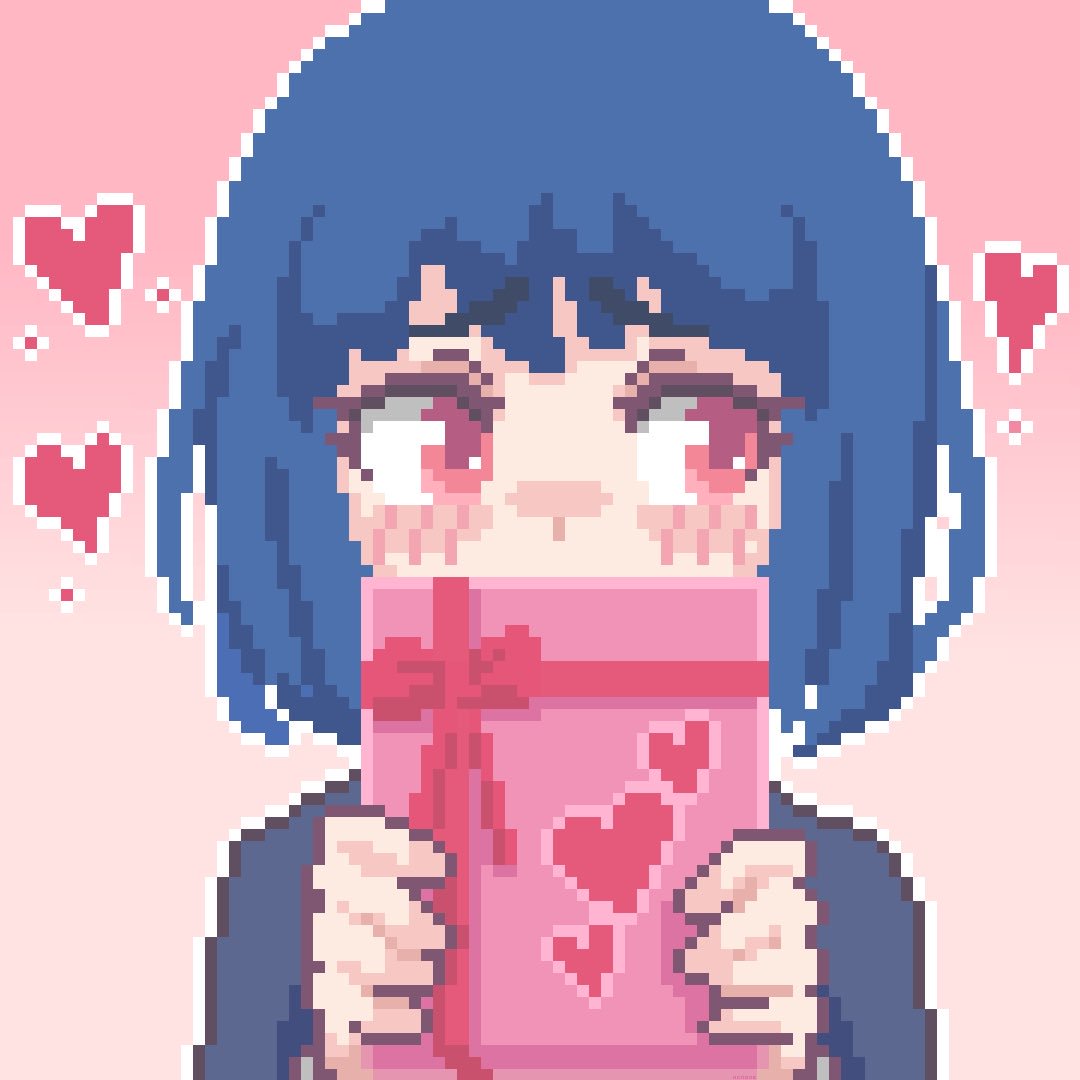 1girl blue_hair blush box commentary covering_mouth english_commentary furrowed_eyebrows gift gift_box hcnone heart holding holding_gift looking_away original pixel_art red_eyes short_hair shy solo upper_body valentine