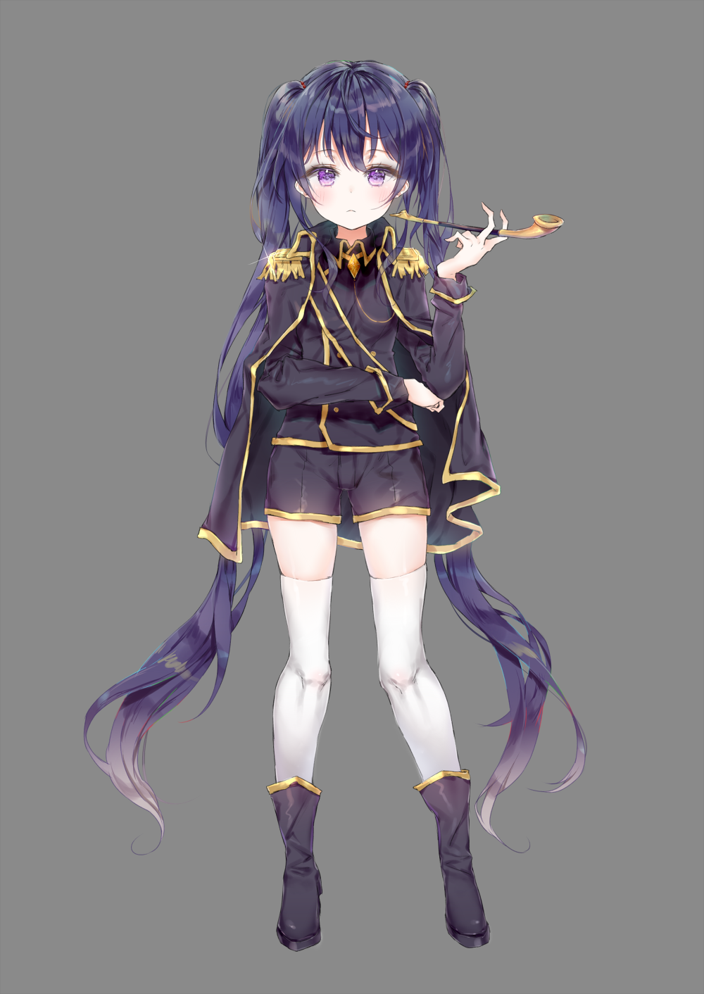 1girl bangs black_cape black_footwear black_jacket black_shorts blush boots cape closed_mouth commentary_request epaulettes eyebrows_visible_through_hair full_body glint grey_background highres holding holding_pipe jacket kiseru long_hair long_sleeves looking_at_viewer original pipe purple_hair qlakwnd short_shorts shorts simple_background solo standing thigh-highs twintails very_long_hair violet_eyes white_legwear