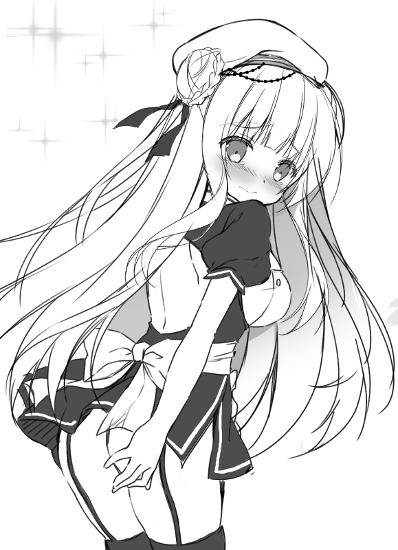 1girl ass azur_lane back_bow bangs beret blush bow braid breasts closed_mouth cygnet_(azur_lane) dress eyebrows_visible_through_hair garter_straps greyscale hair_bun hat leaning_forward long_hair looking_at_viewer looking_to_the_side medium_breasts monochrome nose_blush puffy_short_sleeves puffy_sleeves purinko short_sleeves side_bun simple_background solo sparkle thigh-highs very_long_hair white_background