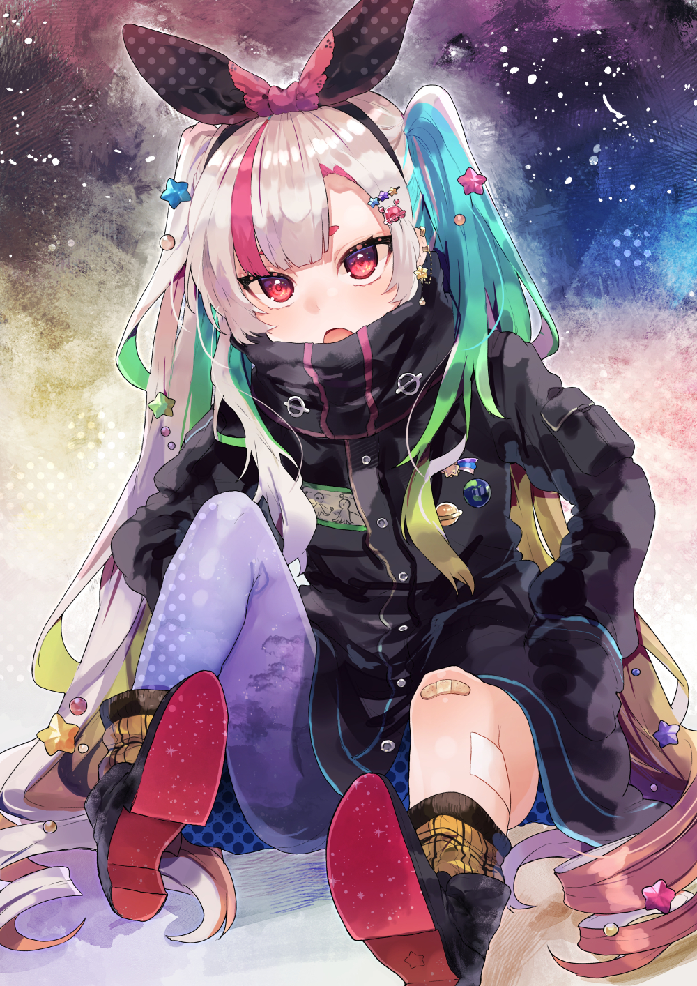 1girl :o aqua_hair badge bandage bandaged_leg bandages bandaid bandaid_on_knee black_footwear black_hairband black_jacket black_scarf boots brown_hair buttons commentary_request curly_hair gradient_hair green_hair hair_ornament hair_ribbon hairband hairclip hand_in_pocket highres ikeuchi_tanuma jacket long_hair long_sleeves looking_at_viewer multicolored_hair open_mouth original purple_legwear red_eyes redhead ribbon scarf sidelocks silver_hair single_thighhigh sitting solo star thigh-highs very_long_hair