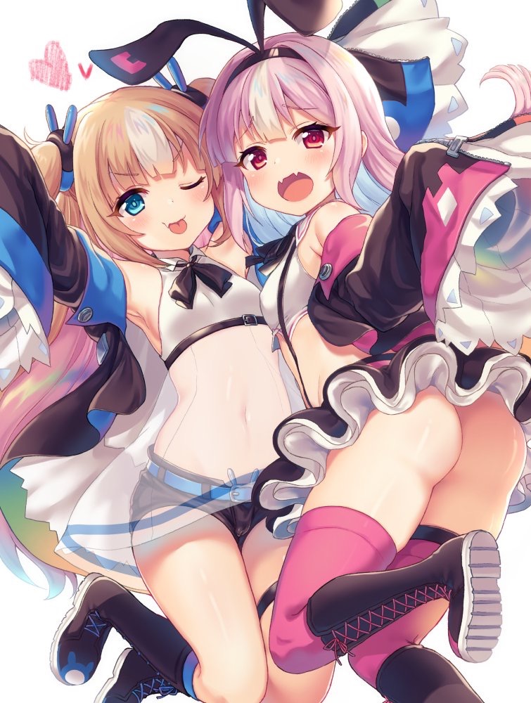 2girls :d ;p arm_up ass azur_lane bare_shoulders belt belt_buckle black_footwear black_hairband black_jacket black_ribbon black_shorts black_skirt blonde_hair blue_belt blue_eyes blue_hair blue_legwear blush boots buckle closed_mouth commentary_request crop_top cross-laced_footwear fang fangs hair_ornament hair_ribbon hairband heart hobby_(azur_lane) ichigo_seika jacket kalk_(azur_lane) knee_boots kneehighs lace-up_boots long_hair long_sleeves midriff multicolored_hair multiple_girls navel off_shoulder one_eye_closed open_clothes open_jacket open_mouth pink_hair pink_legwear pleated_skirt red_eyes ribbon see-through shirt short_shorts shorts simple_background skirt sleeveless sleeveless_shirt sleeves_past_fingers sleeves_past_wrists smile streaked_hair thigh-highs thighhighs_under_boots tongue tongue_out two-tone_hair two_side_up very_long_hair white_background white_hair white_shirt wide_sleeves