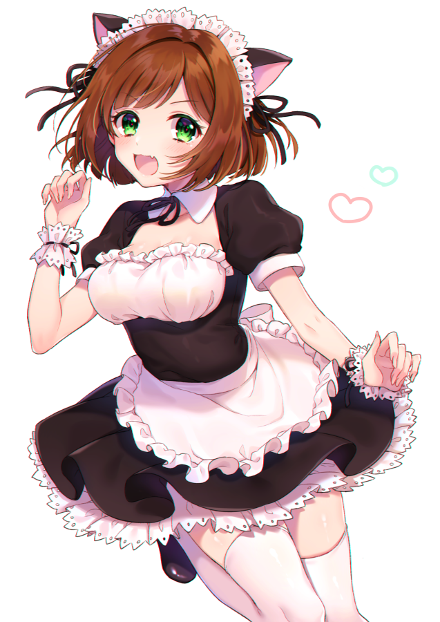 1girl alternate_costume apron breasts brown_hair cleavage enmaided eyebrows_visible_through_hair fang_out frilled_hairband frills green_eyes hairband heart idolmaster idolmaster_cinderella_girls leg_up looking_at_viewer maekawa_miku maid maid_apron maid_headdress medium_breasts open_mouth puffy_short_sleeves puffy_sleeves shoes short_hair short_sleeves solo thigh-highs usano white_background wrist_cuffs