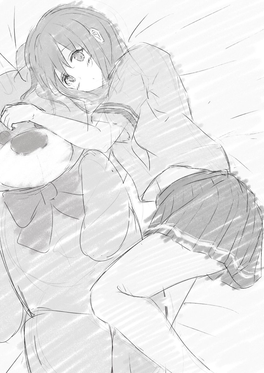 1girl 7_calpis_7 bangs bed_sheet blush closed_mouth commentary_request eyebrows_visible_through_hair greyscale hair_between_eyes highres lying monochrome on_side original oversized_object pleated_skirt school_uniform shirt short_sleeves skirt solo stuffed_animal stuffed_toy teddy_bear