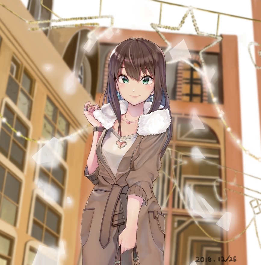 1girl breasts brown_coat brown_hair cleavage cleavage_cutout coat cowboy_shot cross cross_earrings day earrings fur-trimmed_coat fur_trim green_eyes heart_cutout idolmaster idolmaster_cinderella_girls jewelry kinpun_(fgxdw447) long_hair looking_at_viewer medium_breasts necklace open_clothes open_coat outdoors ring shibuya_rin shiny shiny_hair smile solo standing sweater watch watch white_sweater winter_clothes winter_coat