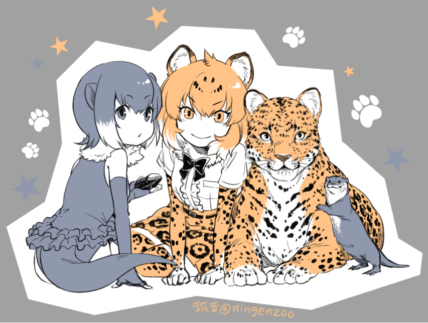 2girls animal animal_ears animal_print arm_support bangs bare_shoulders bow bowtie breast_pocket closed_mouth elbow_gloves eyebrows_visible_through_hair fingerless_gloves frills full_body fur_collar gloves grey_hair hand_up holding jaguar jaguar_(kemono_friends) jaguar_ears jaguar_print kemono_friends ko-on_(ningen_zoo) leaning_forward looking_at_viewer multicolored_hair multiple_girls orange_eyes orange_hair otter otter_ears otter_tail parted_lips pocket print_gloves print_legwear print_skirt rock sitting skirt small-clawed_otter_(kemono_friends) smile star swimsuit tail thigh-highs twitter_username two-tone_hair white_hair zettai_ryouiki