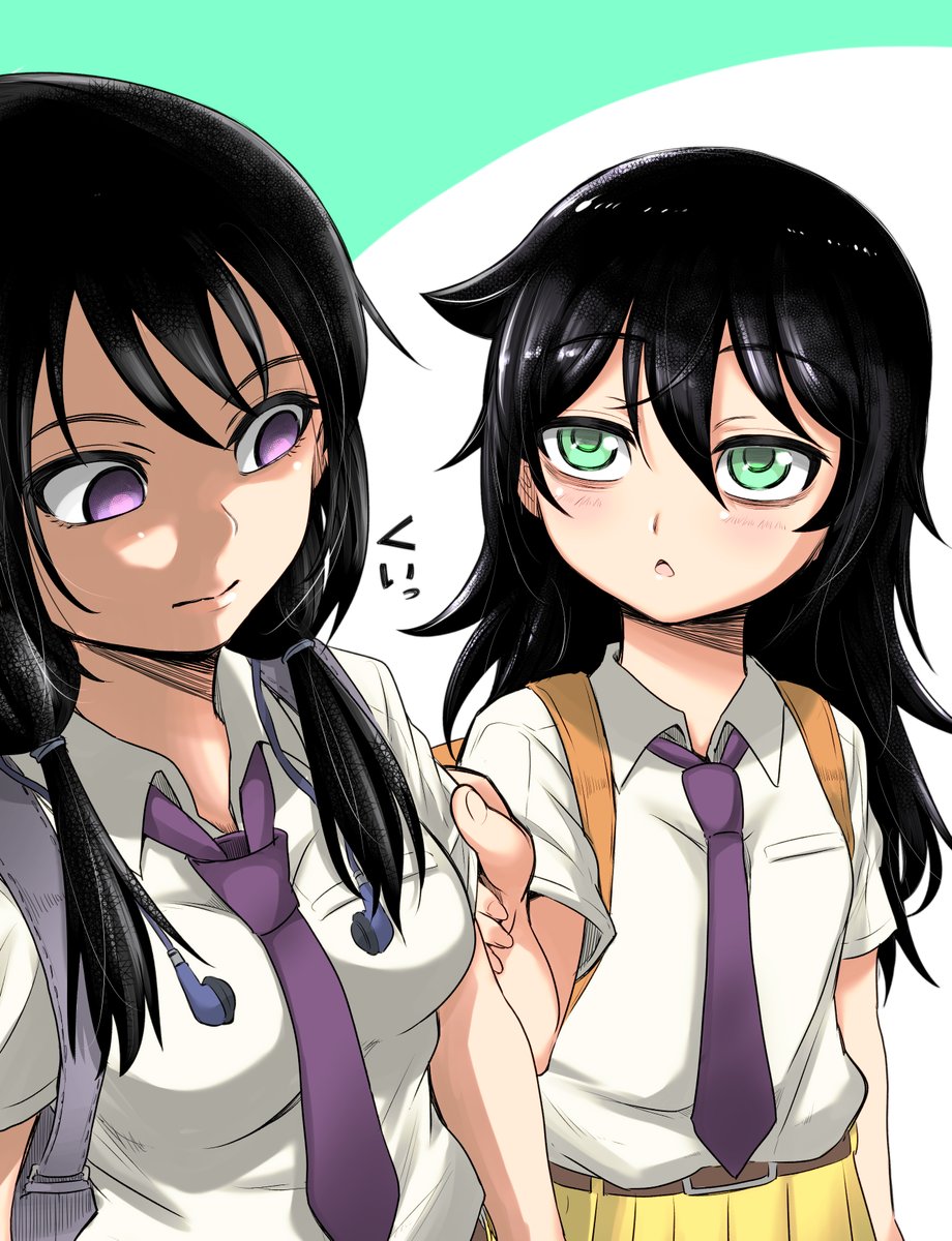 bag bags_under_eyes black_hair breasts empty_eyes glance green_eyes headphones highres kuroki_tomoki kuroki_tomoko long_hair necktie open_mouth pinching school_bag school_uniform skirt tamura_yuri twintails watashi_ga_motenai_no_wa_dou_kangaetemo_omaera_ga_warui! zatou_(kirsakizato)