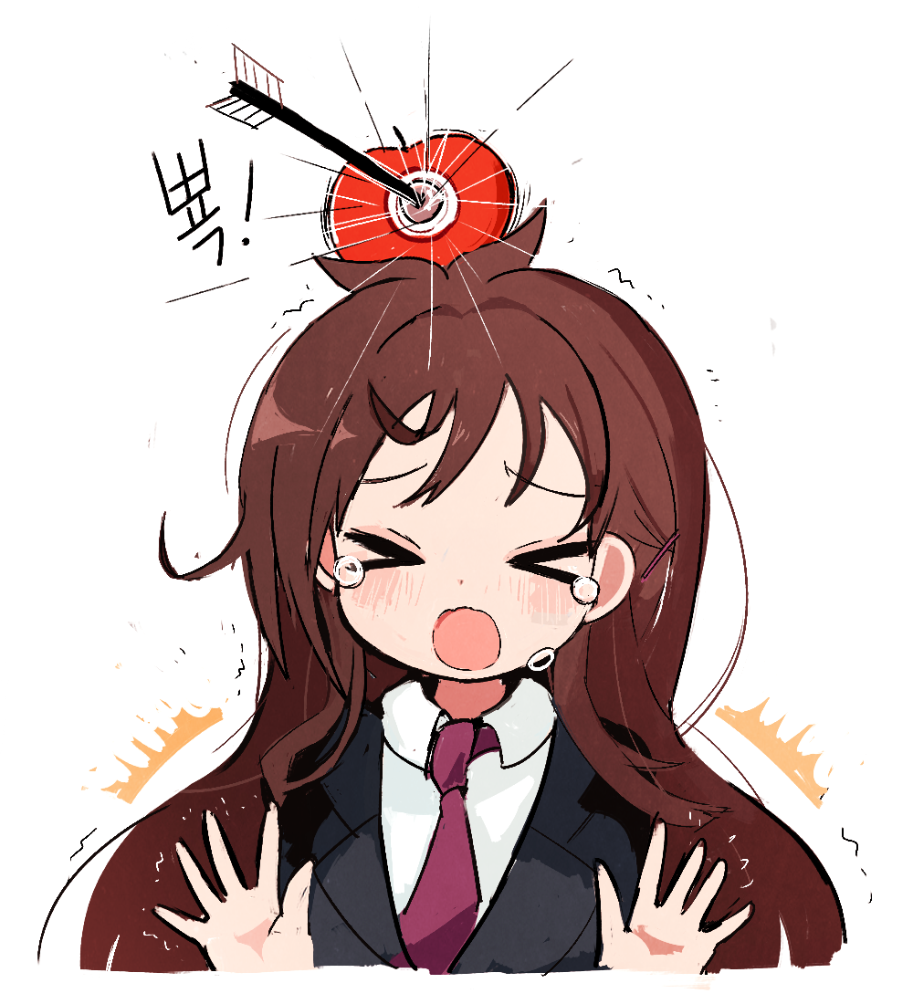 &gt;_&lt; &gt;o&lt; apple apple_on_head arrow bangs black_jacket blazer blush brown_hair closed_eyes collared_shirt commentary crying crying_with_eyes_open food fruit hands_up idolmaster idolmaster_cinderella_girls jacket long_hair motion_lines necktie open_mouth shirt sidelocks target tears trembling tsujino_akari