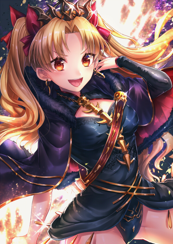 1girl :d asymmetrical_sleeves black_cape black_leotard black_sleeves blonde_hair bow breasts cape diadem earrings ereshkigal_(fate/grand_order) fate/grand_order fate_(series) floating_hair fur-trimmed_cape fur_trim hair_bow jewelry kamuinii leotard long_hair looking_at_viewer medium_breasts open_mouth orange_eyes red_bow shiny shiny_hair single_sleeve skull smile solo sparkle standing twintails v-shaped_eyebrows very_long_hair