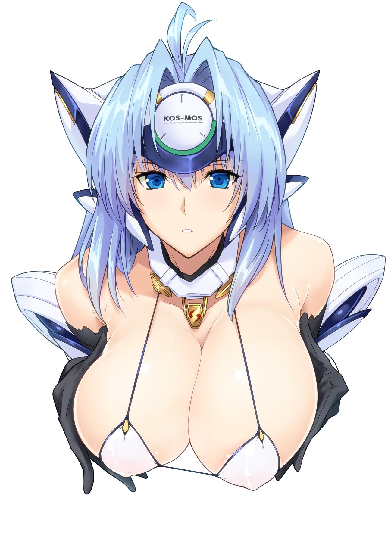 1girl android bangs bare_shoulders bikini_top black_gloves blue_eyes blue_hair breasts character_name cleavage commentary_request covered_nipples eyebrows_visible_through_hair forehead_protector gloves harukon_(halcon) headgear highres kos-mos large_breasts long_hair parted_bangs parted_lips shiny shiny_hair shiny_skin simple_background solo upper_body white_background xenosaga