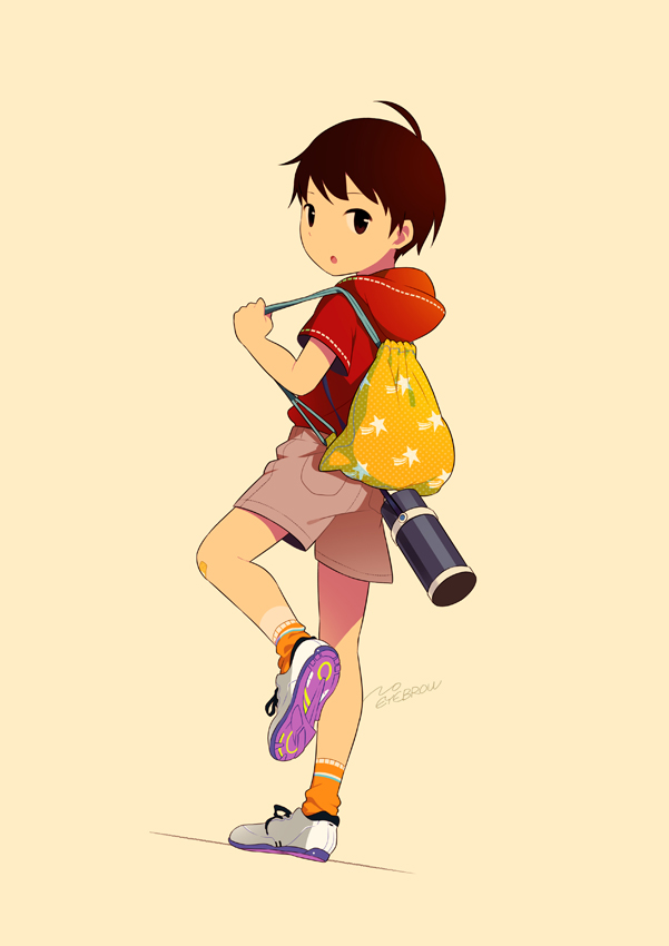 1boy ahoge bag bandaid bandaid_on_knee beige_background bottle brown_eyes brown_hair brown_shorts child commentary_request hood hood_down looking_at_viewer looking_back male_focus noeyebrow_(mauve) open_mouth orange_legwear original red_shirt shirt shoes short_sleeves shorts signature simple_background sneakers socks solo star tan tanline thermos