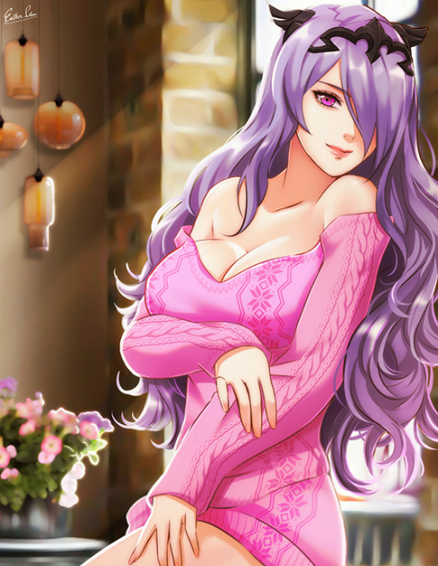1girl blurry blurry_background breasts camilla_(fire_emblem_if) cleavage collarbone curly_hair diadem dress esther fire_emblem fire_emblem_if hair_over_one_eye indoors large_breasts long_hair long_sleeves looking_at_viewer nintendo pink_eyes pink_sweater print_sweater purple_hair shiny shiny_hair signature smile solo standing sweater sweater_dress very_long_hair