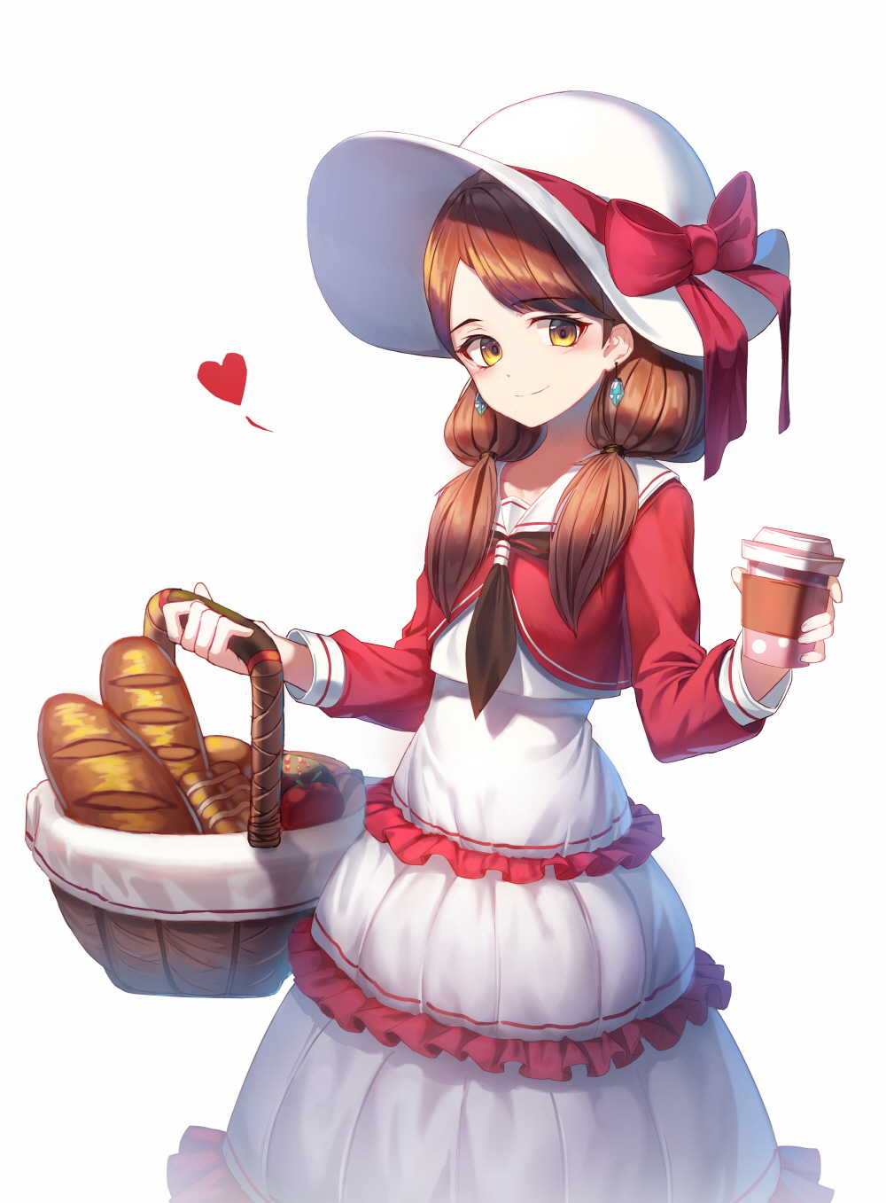 1girl baguette basket blush bow bread brown_eyes brown_hair brown_neckwear closed_mouth coffee_cup cup disposable_cup dress earrings food hat hat_bow head_tilt heart highres holding holding_basket holding_cup jewelry long_hair long_sleeves looking_at_viewer original red_bow red_shirt shirt simple_background smile solo sugar_(dndi888) sun_hat white_background white_dress white_hat white_shirt