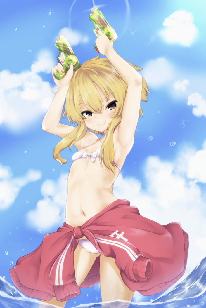 &gt;:) 1girl armpits arms_up ayaki_fuyuka bangs bare_arms bare_shoulders bikini blonde_hair blue_sky blush brown_eyes closed_mouth clothes_around_waist clouds commentary_request cowboy_shot day dual_wielding eyebrows_visible_through_hair flat_chest gluteal_fold holding jacket jacket_around_waist long_sleeves navel original red_jacket short_hair_with_long_locks sidelocks sky smile solo sparkle stomach swimsuit track_jacket trigger_discipline v-shaped_eyebrows wading water water_gun white_bikini yarareimu