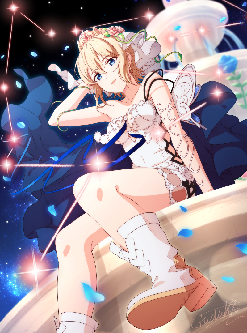 1girl arm_support blonde_hair blue_eyes blurry blurry_background boots breasts cleavage collarbone crown dress europa_(granblue_fantasy) fdk_grbr flower from_below granblue_fantasy hair_between_eyes hair_flower hair_ornament hand_in_hair medium_breasts off_shoulder open_mouth petals pink_flower plant short_hair sitting sleeveless sleeveless_dress solo strapless strapless_dress veil vines white_dress white_footwear
