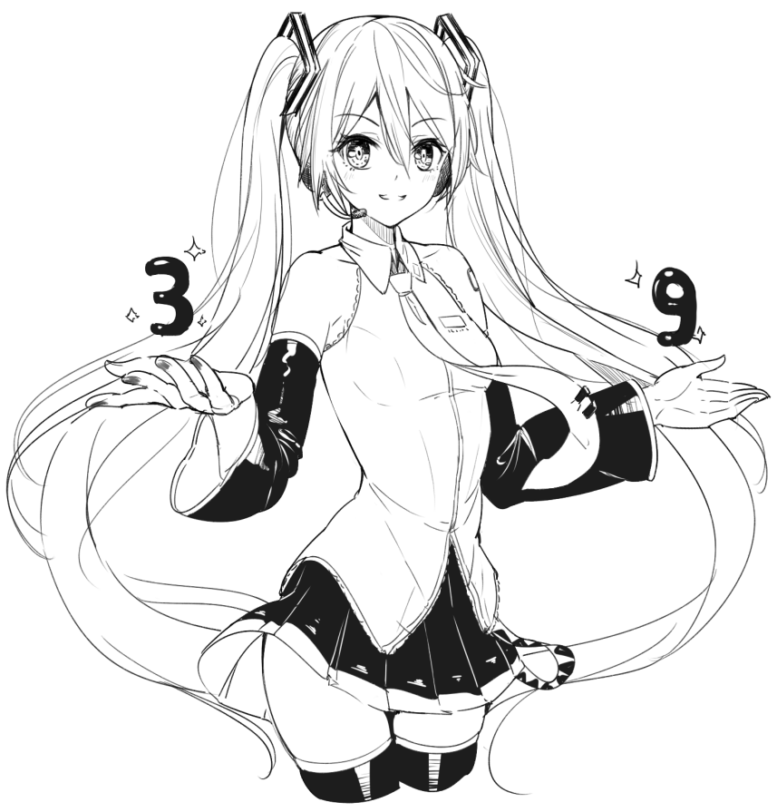 1girl bangs bare_shoulders blush breasts collarbone collared_shirt commentary cowboy_shot cropped_legs detached_sleeves eyebrows_visible_through_hair fingernails greyscale hair_between_eyes hair_ornament hatsune_miku headphones headset long_hair long_sleeves looking_at_viewer monochrome nail_polish necktie parted_lips pleated_skirt ririko_(zhuoyandesailaer) shirt simple_background skirt sleeveless sleeveless_shirt small_breasts smile solo sparkle thigh-highs tie_clip twintails v-shaped_eyebrows very_long_hair vocaloid white_background