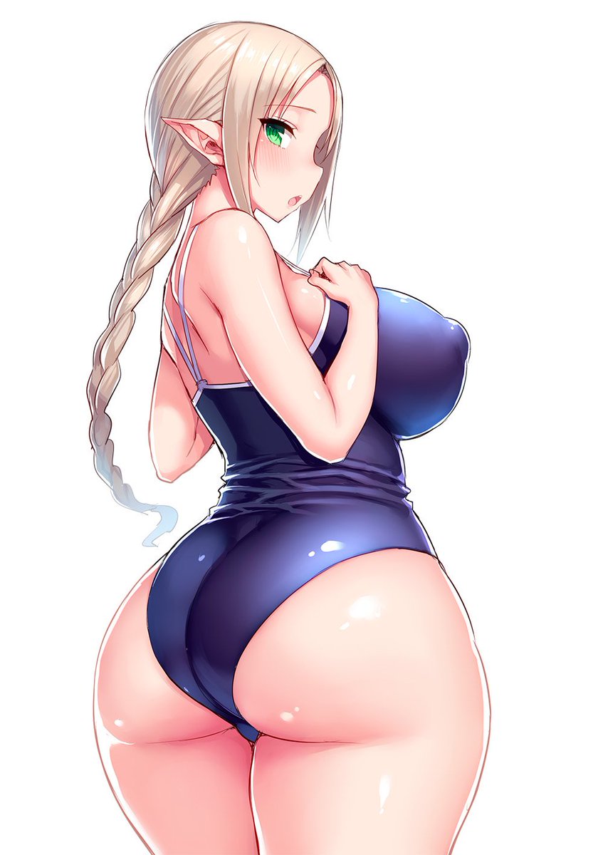 1girl ass back bare_shoulders blonde_hair blue_swimsuit blush braid breasts elf erect_nipples green_eyes highres huge_ass image_sample large_breasts long_hair looking_at_viewer low_ponytail one-piece_swimsuit open_mouth original pointy_ears ponytail school_swimsuit simple_background solo swimsuit thick_thighs thighs tsukumiya_amane twitter_sample white_background