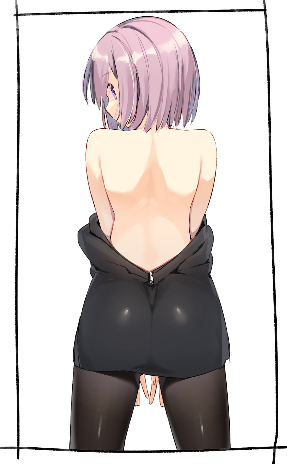 1girl ass bangs bare_back black_jacket black_legwear eyebrows_visible_through_hair fate_(series) from_behind highres jacket kei_(soundcross) looking_back mash_kyrielight off_shoulder open_clothes open_jacket pantyhose purple_hair shiny shiny_hair short_hair simple_background solo standing unzipped violet_eyes white_background zipper_pull_tab