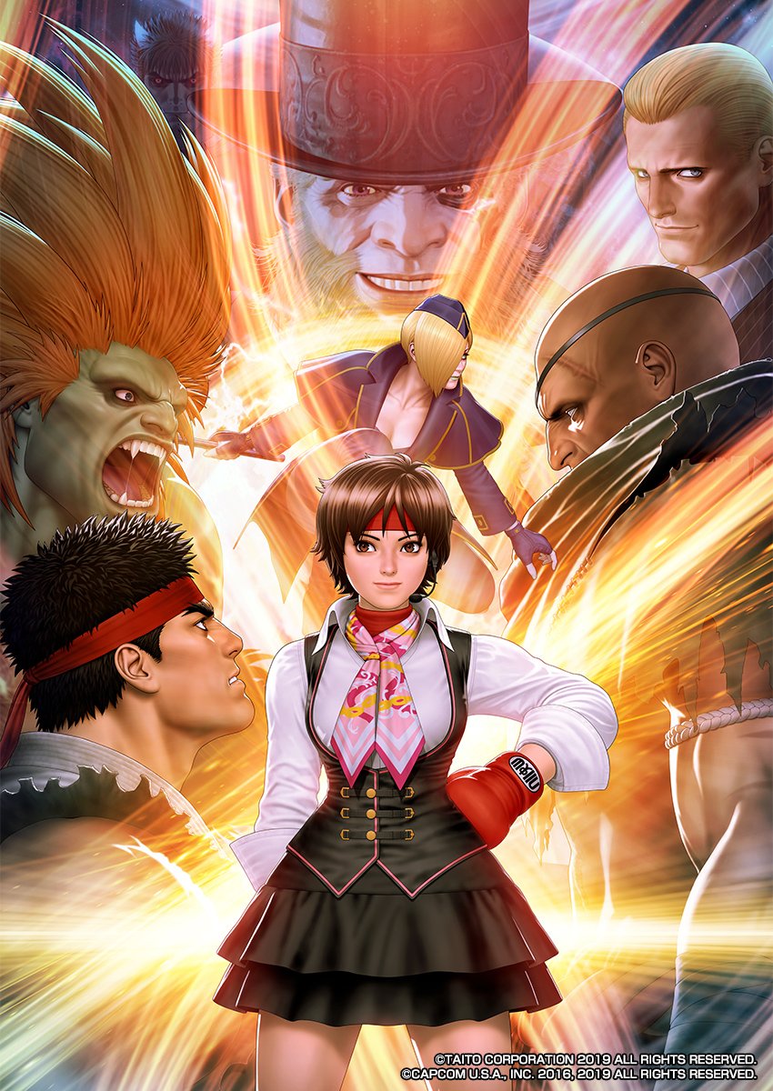 bald beard blanka blonde_hair brown_hair cody_travers facial_hair falke_(street_fighter) fangs g_(street_fighter) green_skin hairband hat highres kasugano_sakura long_hair mori_toshiaki official_art orange_hair ryuu_(street_fighter) sagat short_hair smile street_fighter street_fighter_v top_hat