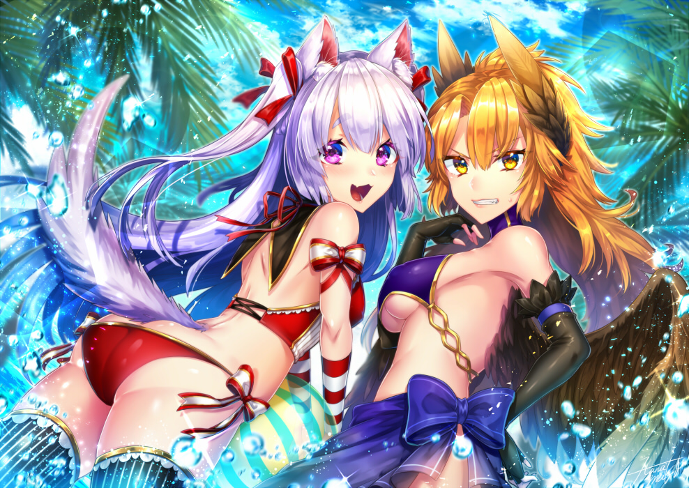 2girls :d animal_ears ass bikini black_gloves black_legwear blonde_hair blue_bow blue_skirt blue_sky bow brown_feathers brown_wings butt_crack choker day elbow_gloves feathered_wings feathers fingerless_gloves floating_hair fox_ears fox_tail gloves hair_feathers hair_ribbon kamuinii lens_flare long_hair looking_at_viewer looking_back multiple_girls neck_ribbon open_mouth original outdoors palm_tree purple_bikini_top red_bikini red_ribbon ribbon skirt sky smile sparkle striped striped_gloves striped_legwear swimsuit tail thigh-highs tree vertical-striped_legwear vertical_stripes very_long_hair violet_eyes white_bow wings