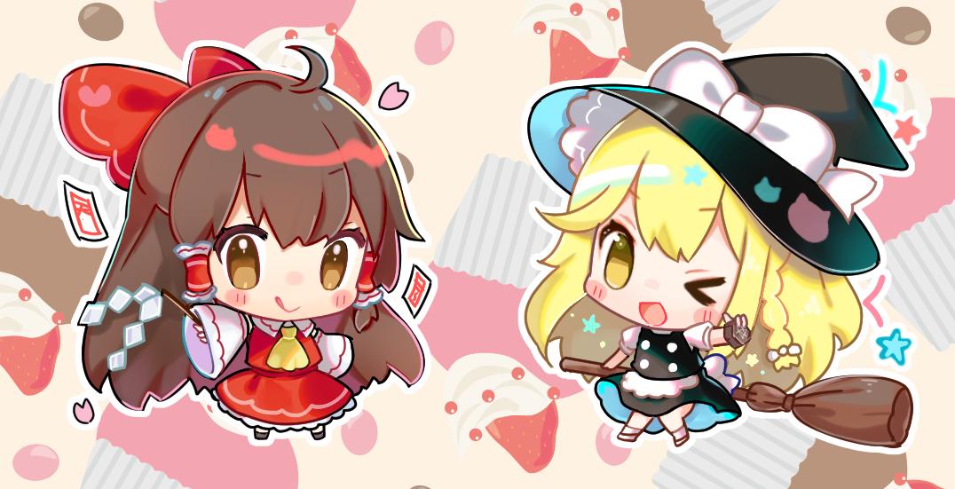 2girls :q ahoge apron ascot bangs beige_background black_footwear black_hat black_skirt black_vest blonde_hair blush bow braid broom brown_eyes brown_hair chibi commentary_request cupcake detached_sleeves eyebrows_visible_through_hair food fruit full_body gohei hair_bow hakurei_reimu hat hat_bow holding holding_broom kirisame_marisa long_hair long_sleeves looking_at_viewer mini-hakkero multiple_girls natsuki_(ukiwakudasai) ofuda one_eye_closed open_mouth outline petticoat red_bow red_skirt shoes simple_background single_braid skirt skirt_set smile socks star strawberry tongue tongue_out touhou very_long_hair vest waist_apron white_apron white_bow white_footwear white_legwear white_outline wide_sleeves yellow_neckwear