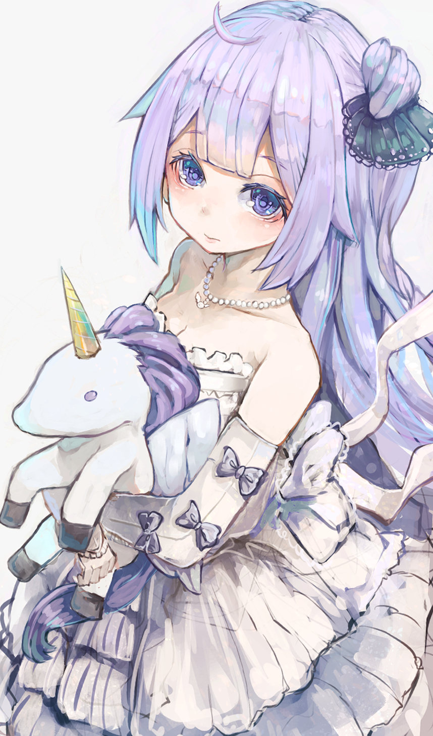 1girl ahoge azur_lane bare_shoulders breasts bride cleavage closed_mouth dress elbow_gloves expressionless eyebrows_visible_through_hair gloves hair_between_eyes hair_bun hair_ornament hair_ribbon highres jewelry long_hair necklace nyucha object_hug petite purple_hair ribbon side_bun solo stuffed_alicorn stuffed_animal stuffed_toy stuffed_unicorn unicorn unicorn_(azur_lane) very_long_hair violet_eyes wedding_dress white_dress white_gloves