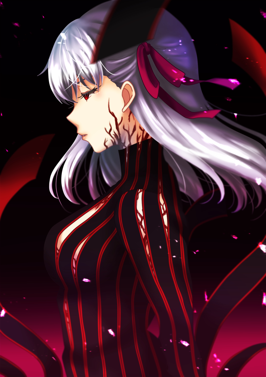 1girl black_background black_ribbon breasts chi_wa fate/stay_night fate_(series) floating_hair from_side hair_between_eyes hair_ribbon highres long_hair matou_sakura medium_breasts profile red_eyes red_ribbon red_stripes ribbon sideboob silver_hair solo striped vertical_stripes