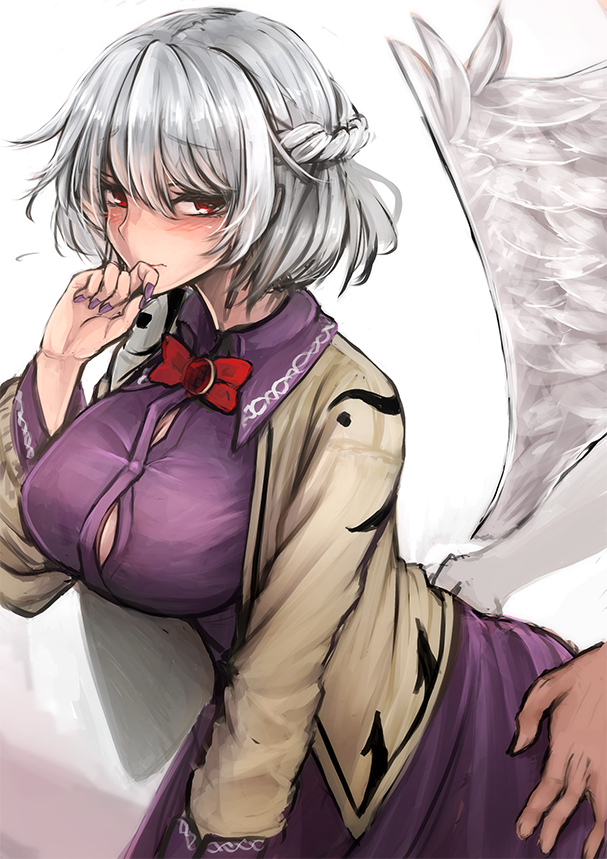 1girl akehi_yuki bangs beige_jacket blush bow bowtie braid breasts brooch commentary cowboy_shot dress eyebrows_visible_through_hair feathered_wings french_braid hair_between_eyes hand_up jacket jewelry kishin_sagume large_breasts leaning_forward long_sleeves looking_at_viewer nail_polish open_clothes open_jacket purple_dress purple_nails red_bow red_eyes red_neckwear short_hair silver_hair simple_background single_wing solo_focus symbol_commentary touhou white_background white_wings wings