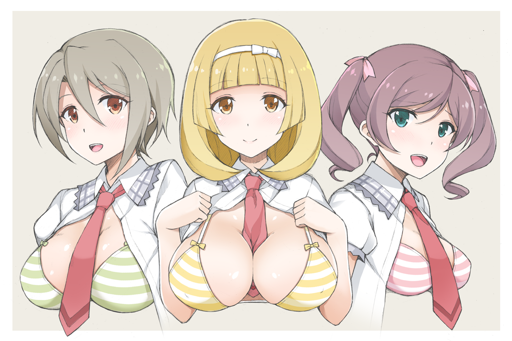 3girls :d aqua_eyes bangs between_breasts bikini_top blunt_bangs blush breasts character_request cleavage closed_mouth cropped_torso green_bikini_top grey_background grey_hair hair_between_eyes hair_ribbon hairband large_breasts looking_at_viewer medium_breasts multiple_girls necktie necktie_between_breasts open_clothes open_mouth open_shirt parted_bangs pink_bikini_top pink_ribbon purple_hair red_eyes red_neckwear ribbon senki_zesshou_symphogear shirt short_hair short_sleeves simple_background smile striped_bikini_top tareme twintails upper_body upper_teeth white_hairband white_shirt yatsune_rika yellow_bikini_top