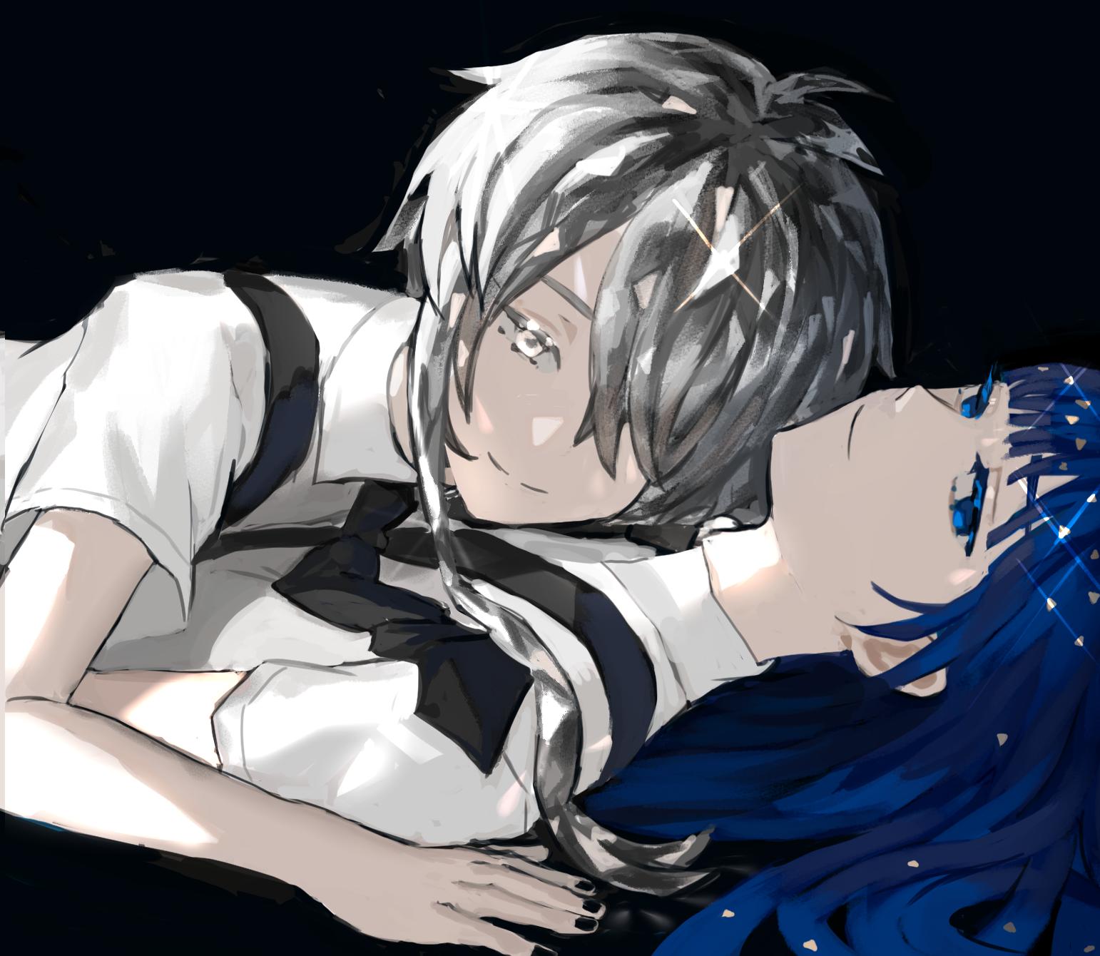 2others androgynous blue_eyes blue_hair colored_eyelashes crystal_hair dark_background gem_uniform_(houseki_no_kuni) ghost_quartz_(houseki_no_kuni) grey_eyes grey_hair hair_over_one_eye highres hime_cut houseki_no_kuni lapis_lazuli_(houseki_no_kuni) long_hair looking_at_viewer lying lying_on_person multiple_others necktie on_back ririkonosukee short_hair_with_long_locks silver_hair smile suspenders white_eyes white_hair