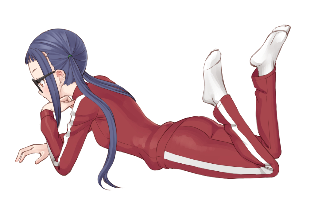 1girl ass blue_hair brown_eyes easy_(aqk7bdqt) full_body glasses long_hair long_sleeves lying no_shoes on_stomach oogaki_chiaki pants red_pants simple_background socks solo track_suit twintails white_background white_legwear yurucamp