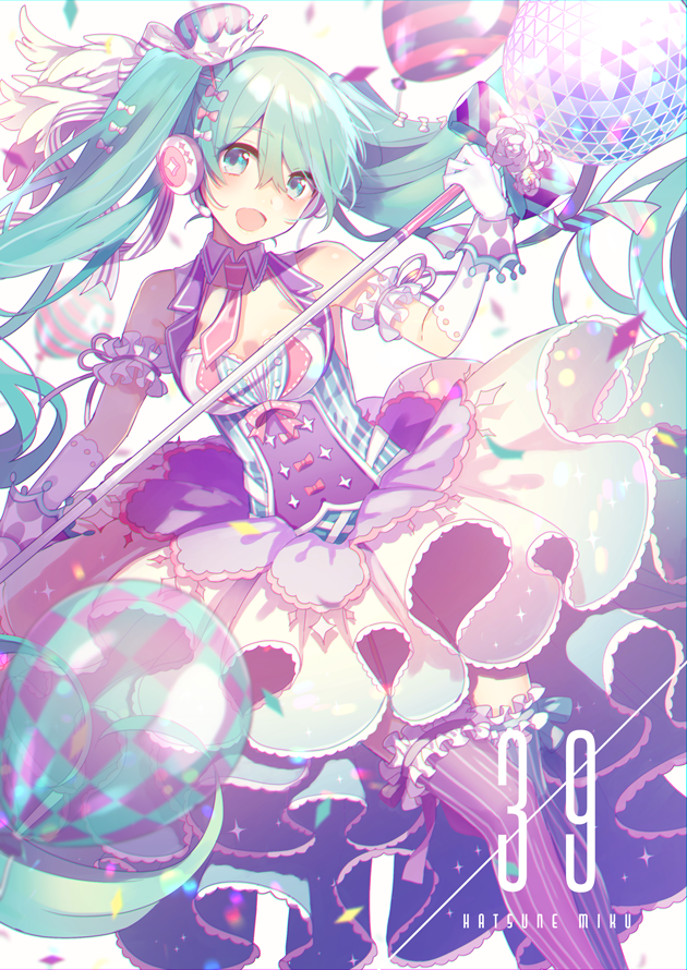 1girl 39 aqua_hair balloon bare_shoulders blush bow breasts character_name commentary dot_nose dress eyebrows_visible_through_hair feet_out_of_frame frills gloves hair_between_eyes hair_bow hair_ornament hat hatsune_miku headphones holding holding_staff long_hair looking_at_viewer magical_girl medium_breasts mini_hat multicolored multicolored_clothes multicolored_dress necktie open_mouth pink_bow red_neckwear saine short_necktie sleeveless solo staff striped striped_legwear thigh-highs twintails very_long_hair vocaloid white_gloves